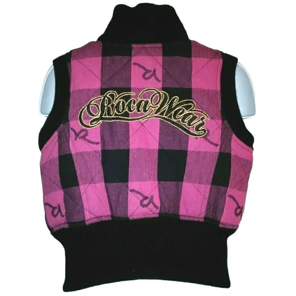 Roca Wear Girls Zip Front Quilted Vest Size 4 Pink Black Plaid
